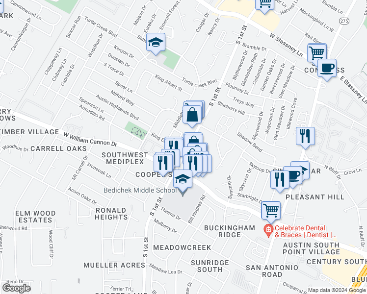 map of restaurants, bars, coffee shops, grocery stores, and more near 6422 South 1st Street in Austin