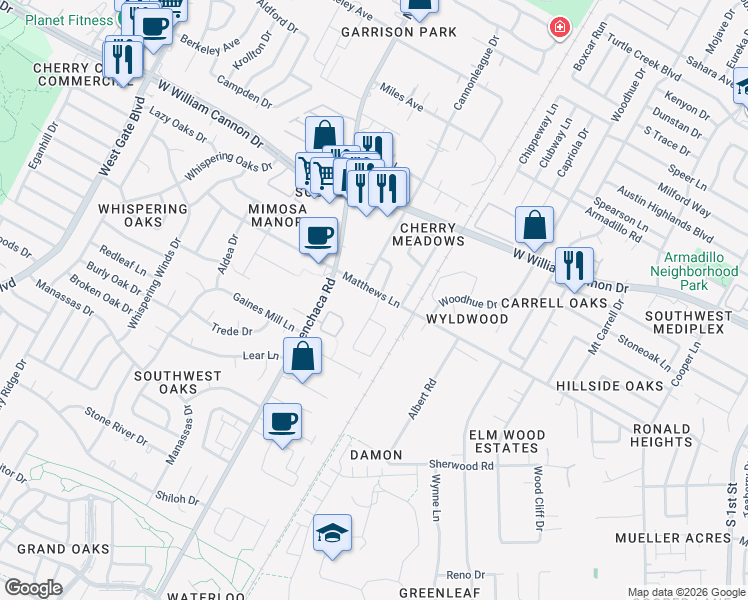 map of restaurants, bars, coffee shops, grocery stores, and more near 1806A Matthews Lane in Austin