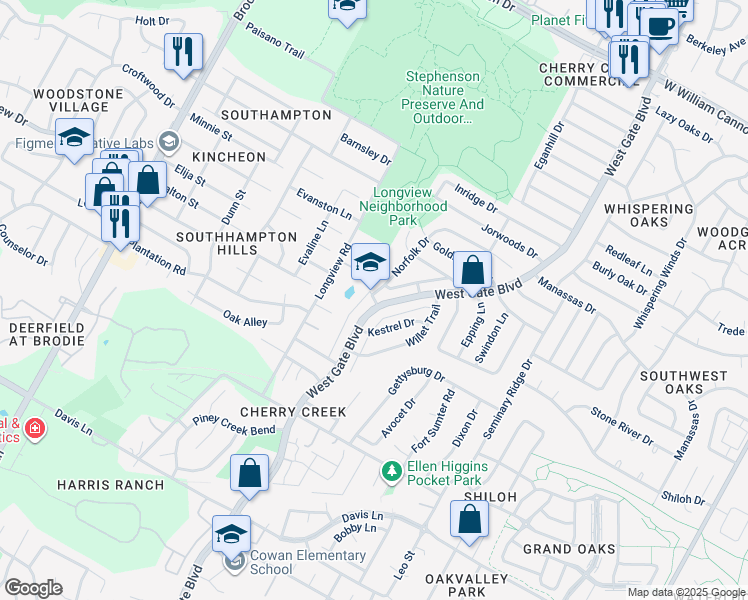 map of restaurants, bars, coffee shops, grocery stores, and more near Ranch Road in Austin