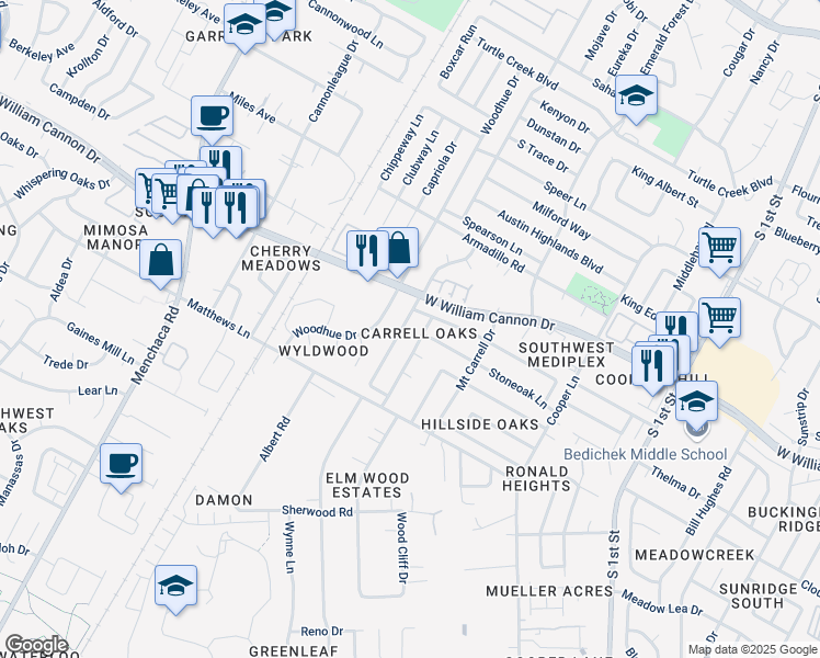 map of restaurants, bars, coffee shops, grocery stores, and more near 6901 Windrift Way in Austin