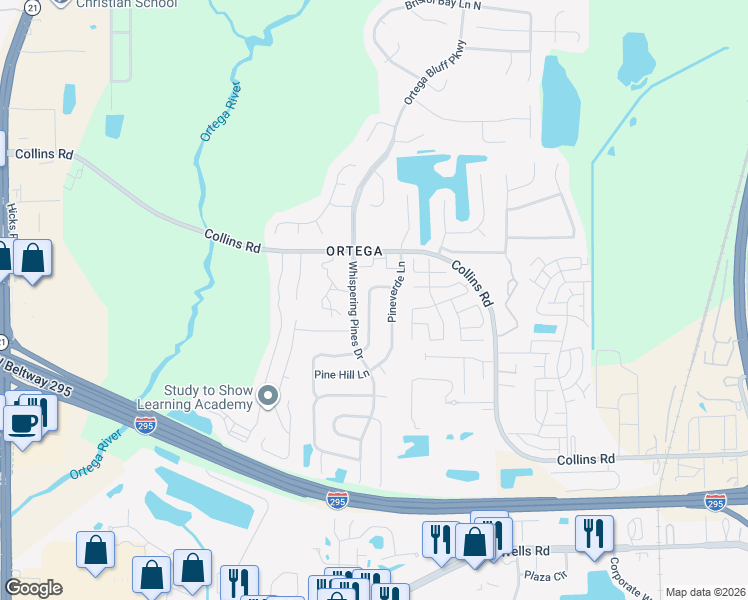 map of restaurants, bars, coffee shops, grocery stores, and more near 8206 Windypine Lane in Jacksonville