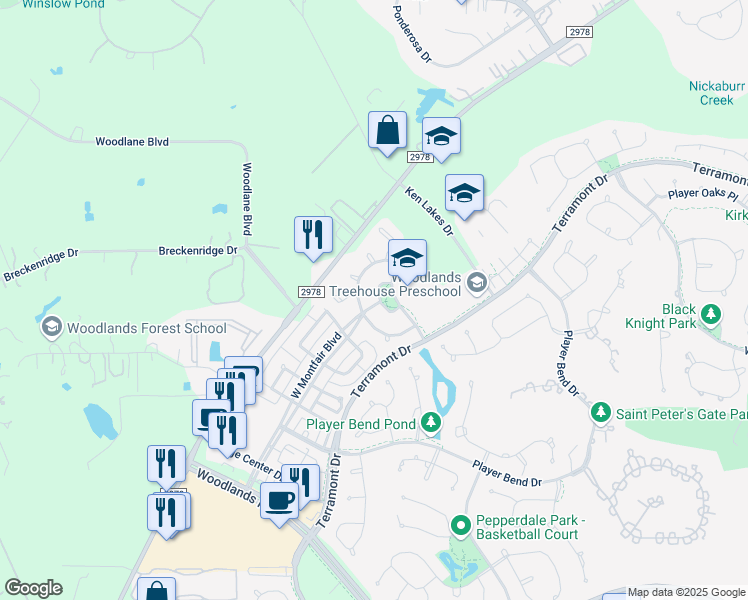 map of restaurants, bars, coffee shops, grocery stores, and more near 54 North Montfair Park Circle in The Woodlands