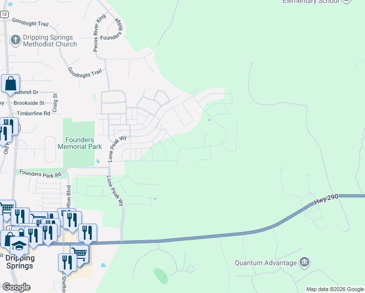 map of restaurants, bars, coffee shops, grocery stores, and more near Cannon Ranch Road in Dripping Springs