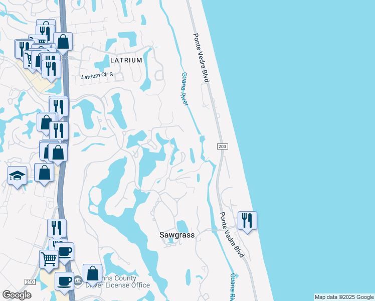 map of restaurants, bars, coffee shops, grocery stores, and more near 58 Tifton Way North in Ponte Vedra Beach