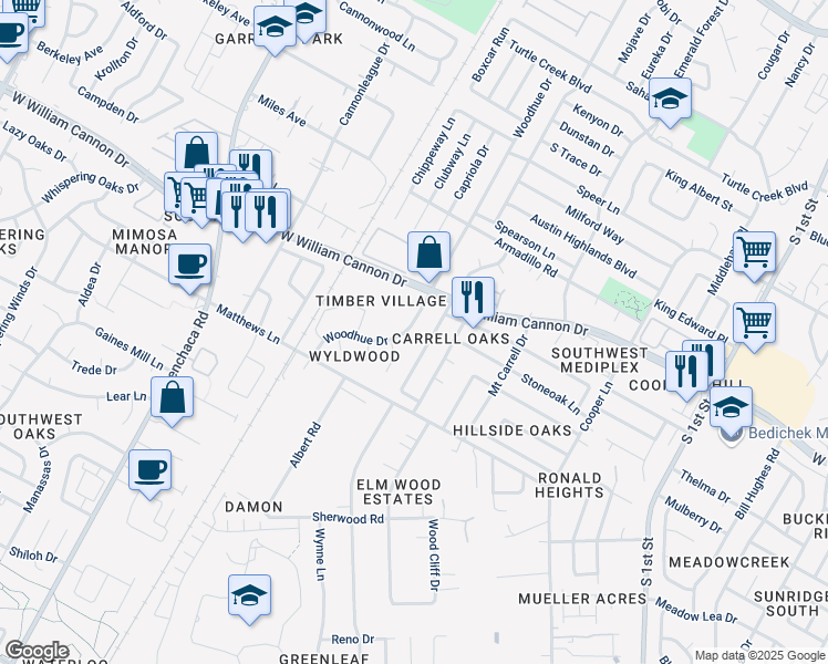 map of restaurants, bars, coffee shops, grocery stores, and more near 6907 Woodhue Drive in Austin