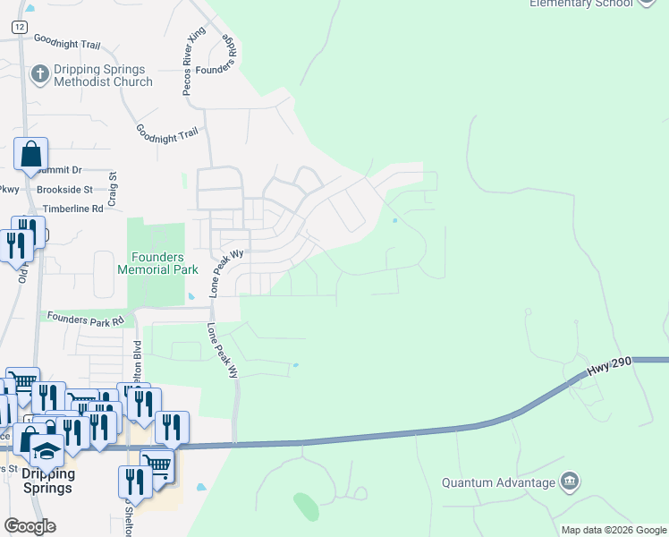 map of restaurants, bars, coffee shops, grocery stores, and more near Cannon Ranch Road in Dripping Springs