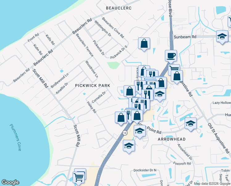 map of restaurants, bars, coffee shops, grocery stores, and more near 9921 Merlin Drive North in Jacksonville