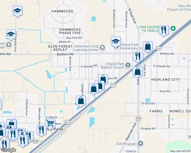 map of restaurants, bars, coffee shops, grocery stores, and more near 2815 Evelyn Avenue in Panama City