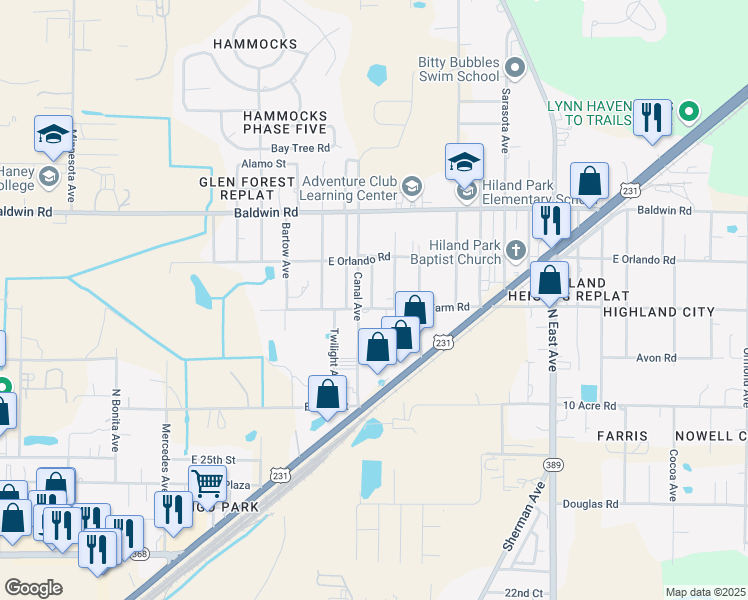 map of restaurants, bars, coffee shops, grocery stores, and more near 2815 Evelyn Avenue in Panama City