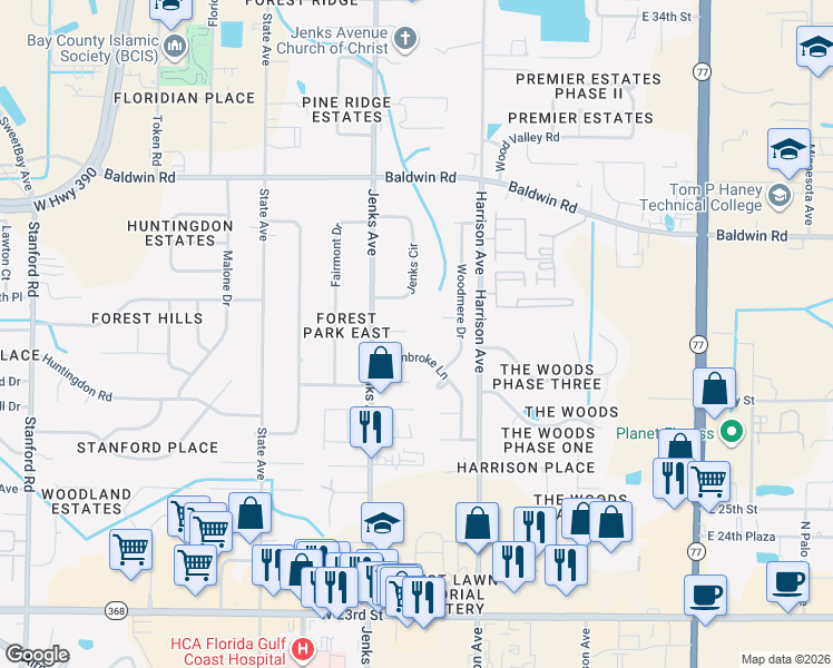 map of restaurants, bars, coffee shops, grocery stores, and more near 106 Ridgecrest Court in Panama City