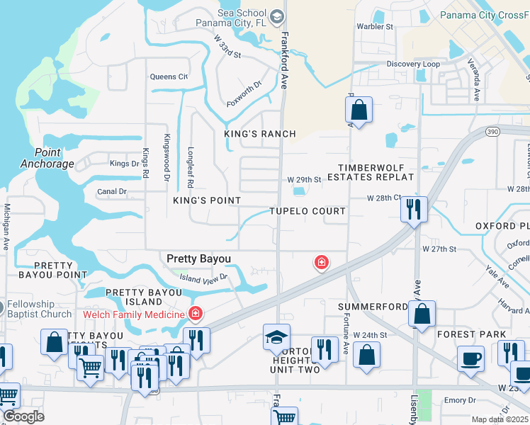 map of restaurants, bars, coffee shops, grocery stores, and more near 2913 Tupelo Drive in Panama City