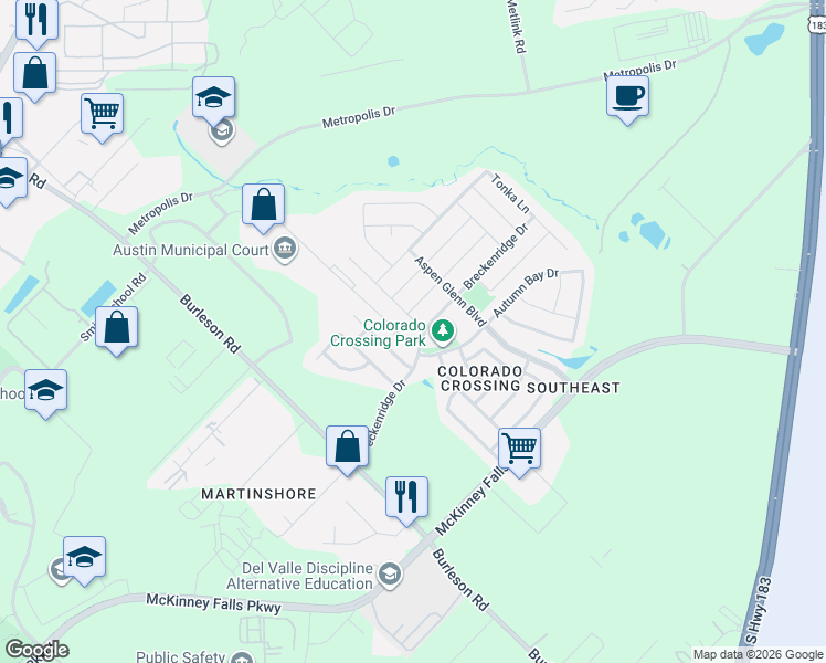 map of restaurants, bars, coffee shops, grocery stores, and more near 7116 Vail Ridge Street in Austin