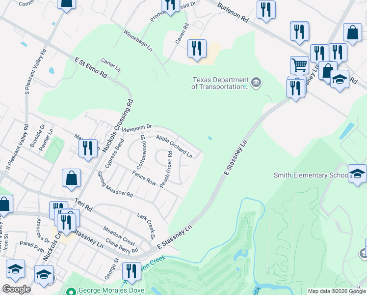 map of restaurants, bars, coffee shops, grocery stores, and more near 5711 Viewpoint Drive in Austin