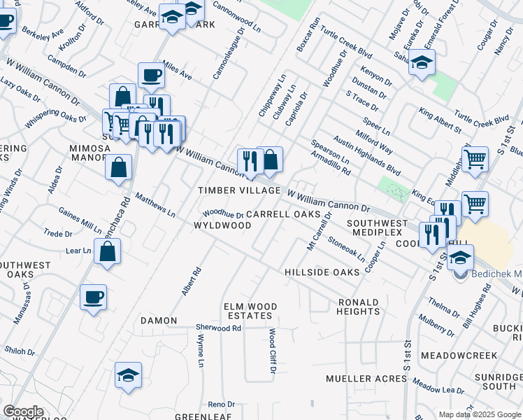 map of restaurants, bars, coffee shops, grocery stores, and more near 6907 Woodhue Drive in Austin