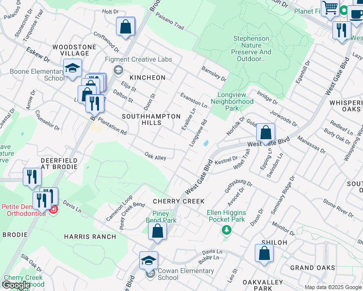 map of restaurants, bars, coffee shops, grocery stores, and more near 3102 Darnell Drive in Austin