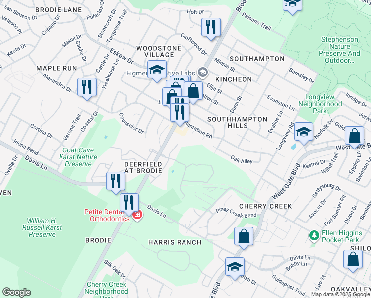 map of restaurants, bars, coffee shops, grocery stores, and more near 8208 Kellog Court in Austin