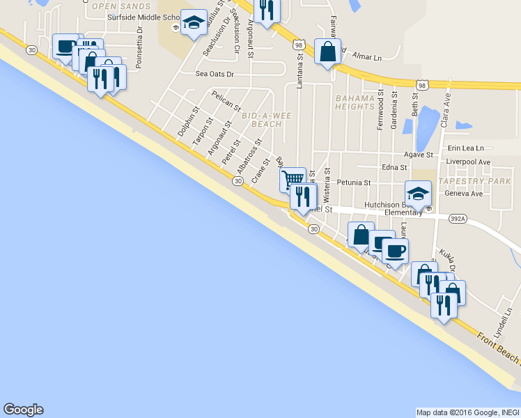 map of restaurants, bars, coffee shops, grocery stores, and more near 13623 Front Beach Road in Panama City