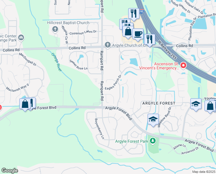 map of restaurants, bars, coffee shops, grocery stores, and more near 7280 Eagles Perch Drive in Jacksonville