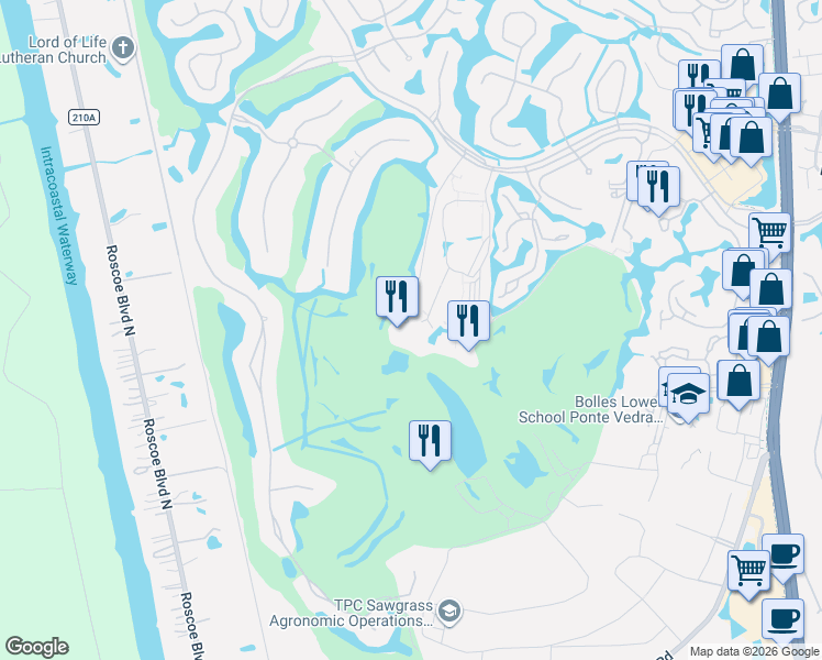map of restaurants, bars, coffee shops, grocery stores, and more near 110 Championship Way in Ponte Vedra Beach