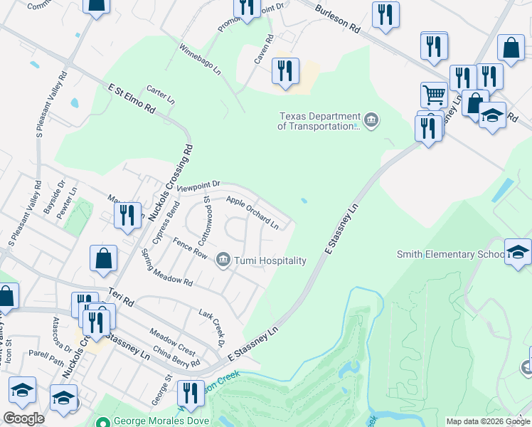 map of restaurants, bars, coffee shops, grocery stores, and more near 5711 Viewpoint Drive in Austin