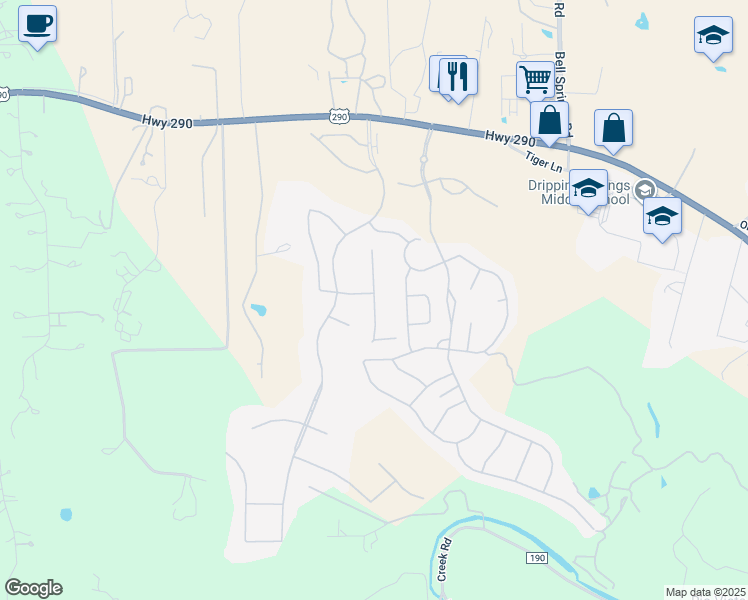 map of restaurants, bars, coffee shops, grocery stores, and more near 201 Dally Court in Dripping Springs
