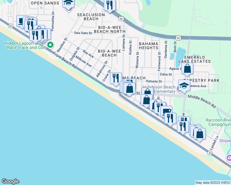 map of restaurants, bars, coffee shops, grocery stores, and more near Front Beach Road in Panama City Beach