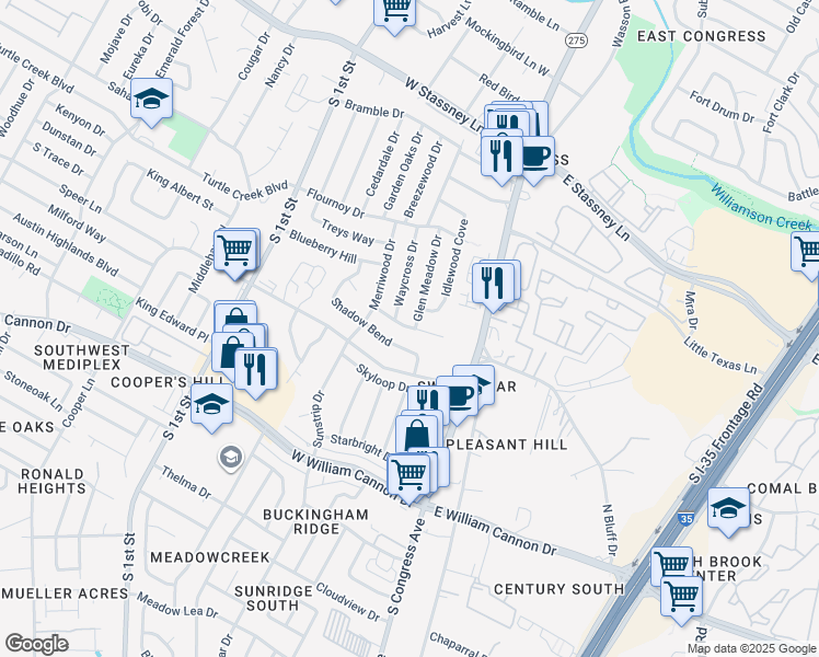 map of restaurants, bars, coffee shops, grocery stores, and more near Craigmont Drive in Austin