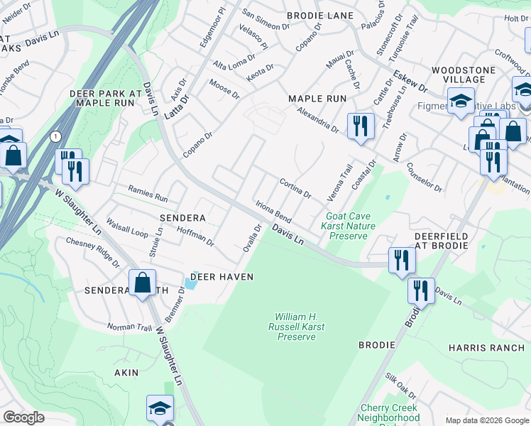 map of restaurants, bars, coffee shops, grocery stores, and more near 8906 Teresina Drive in Austin