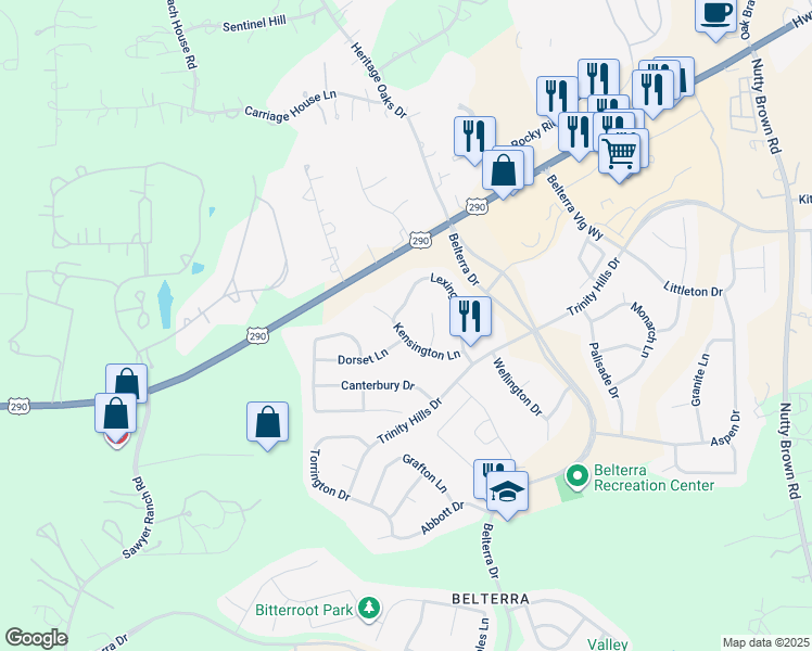 map of restaurants, bars, coffee shops, grocery stores, and more near 260 Kensington Lane in Austin