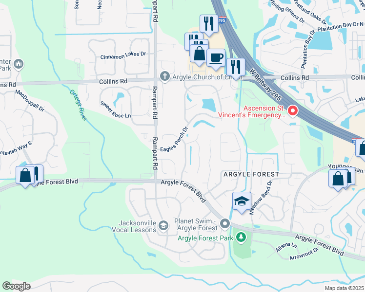 map of restaurants, bars, coffee shops, grocery stores, and more near 8321 Knotts Landing Drive East in Jacksonville