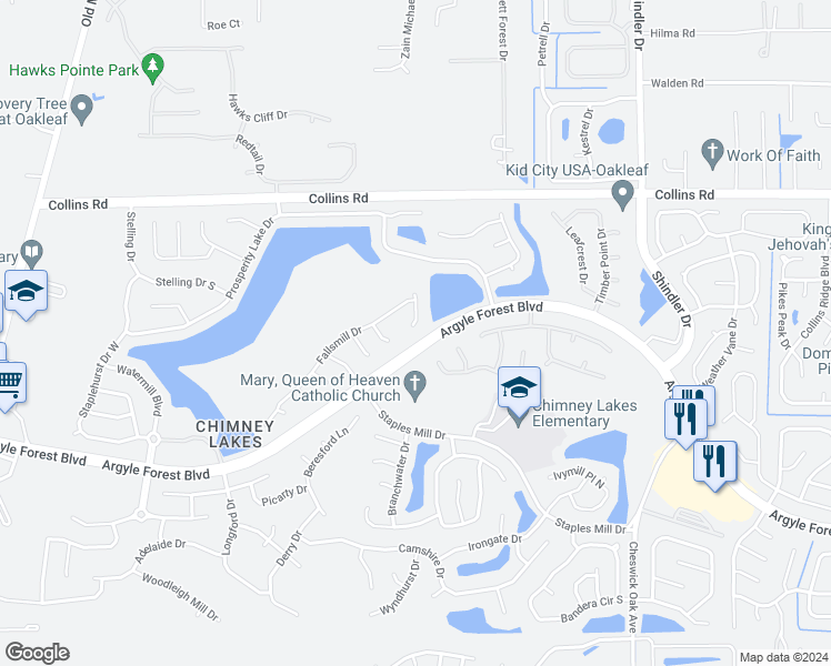 map of restaurants, bars, coffee shops, grocery stores, and more near 8099 Shadwell Court in Jacksonville