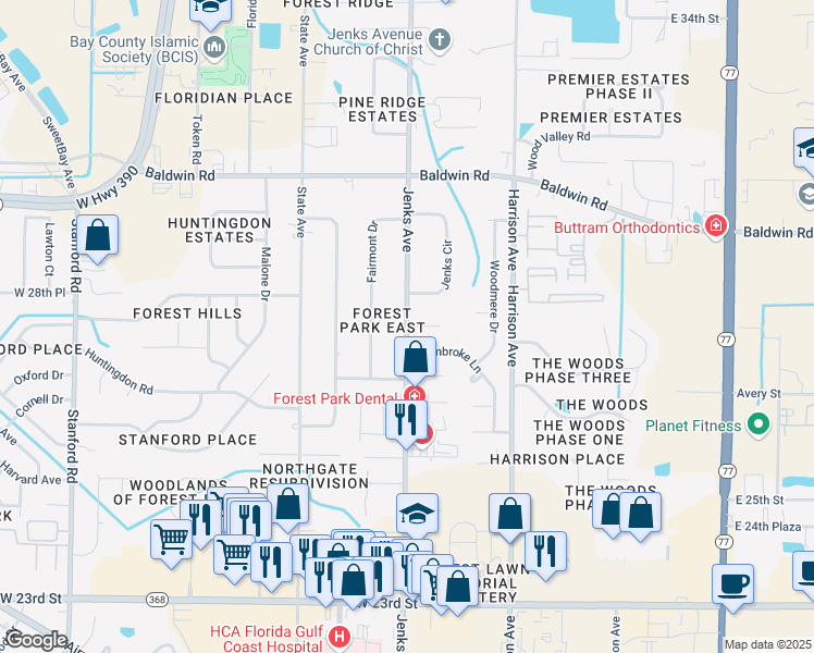 map of restaurants, bars, coffee shops, grocery stores, and more near 2813 Jenks Avenue in Panama City