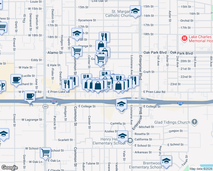 map of restaurants, bars, coffee shops, grocery stores, and more near 3206 Kirkman Street in Lake Charles