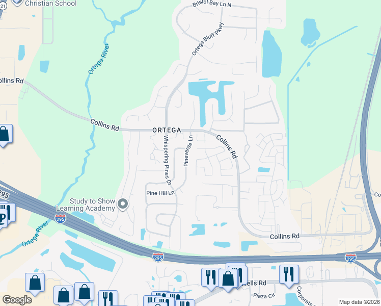 map of restaurants, bars, coffee shops, grocery stores, and more near 8206 Windypine Lane in Jacksonville