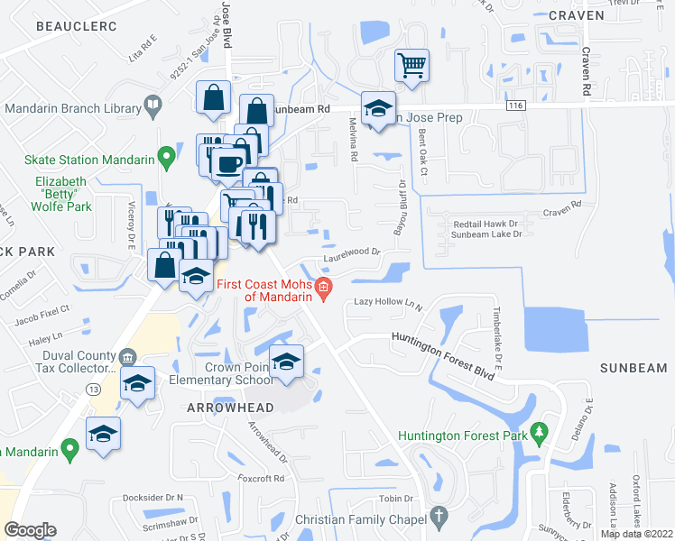map of restaurants, bars, coffee shops, grocery stores, and more near 4023 Stillwood Drive in Jacksonville