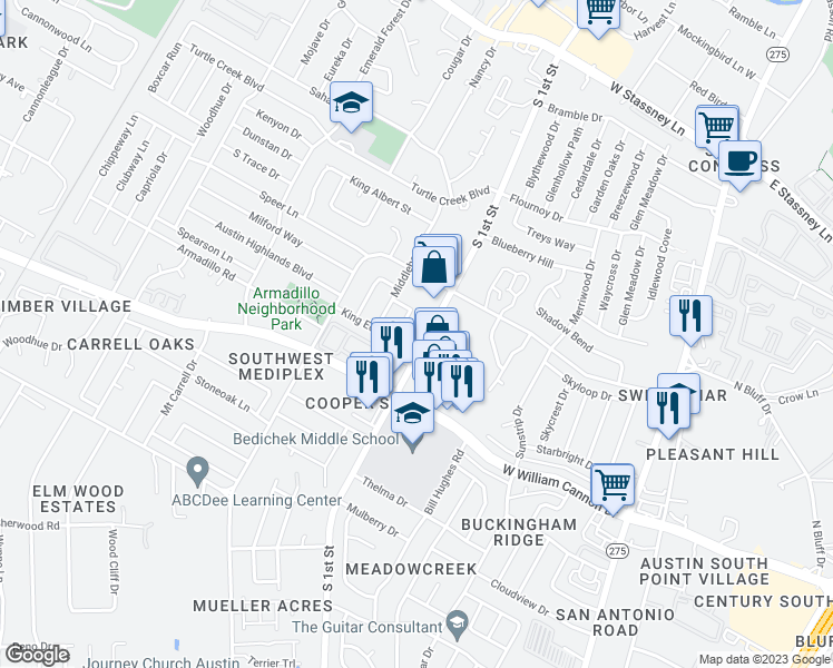 map of restaurants, bars, coffee shops, grocery stores, and more near 6504 South 1st Street in Austin