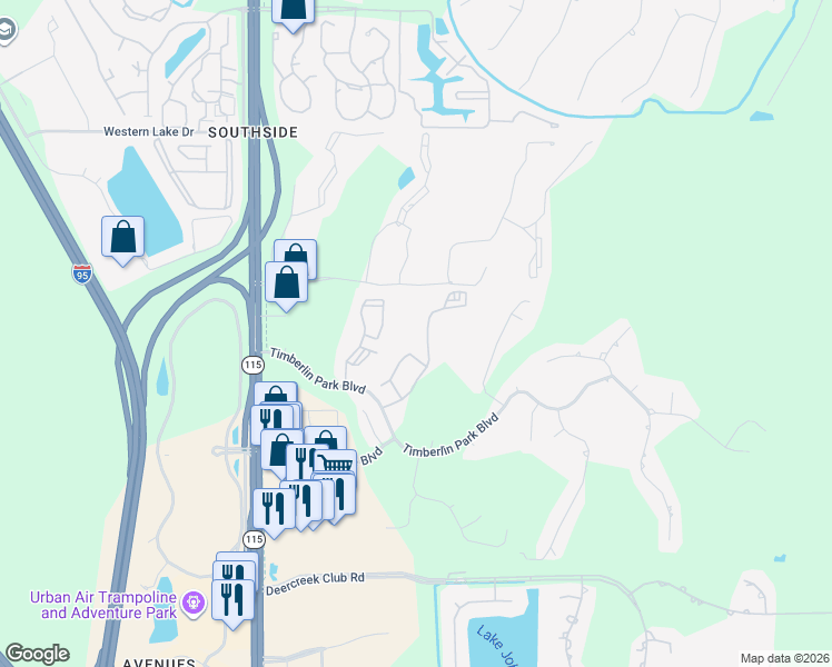 map of restaurants, bars, coffee shops, grocery stores, and more near 7635 Timberlin Park Boulevard in Jacksonville