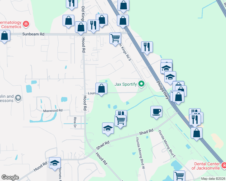 map of restaurants, bars, coffee shops, grocery stores, and more near 5127 Lourcey Road in Jacksonville