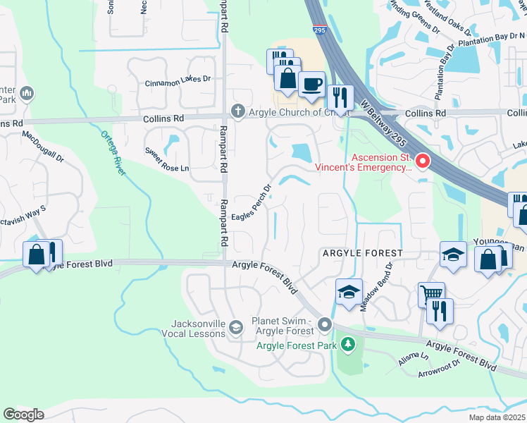 map of restaurants, bars, coffee shops, grocery stores, and more near 8321 Knotts Landing Drive East in Jacksonville