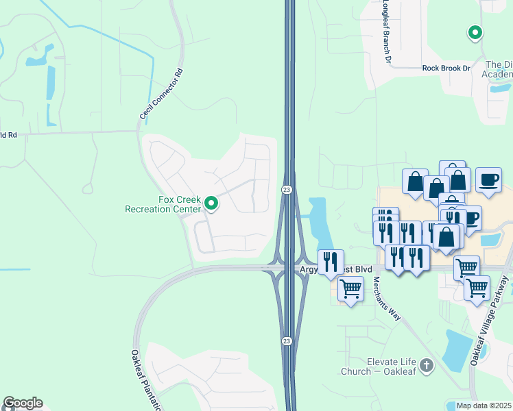 map of restaurants, bars, coffee shops, grocery stores, and more near 8146 Dancing Fox Street in Jacksonville