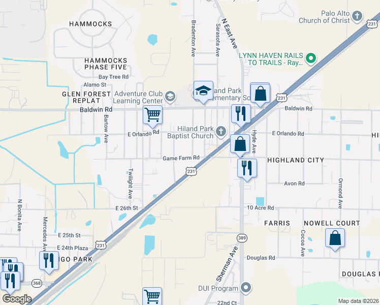 map of restaurants, bars, coffee shops, grocery stores, and more near 2816 Bradenton Avenue in Panama City
