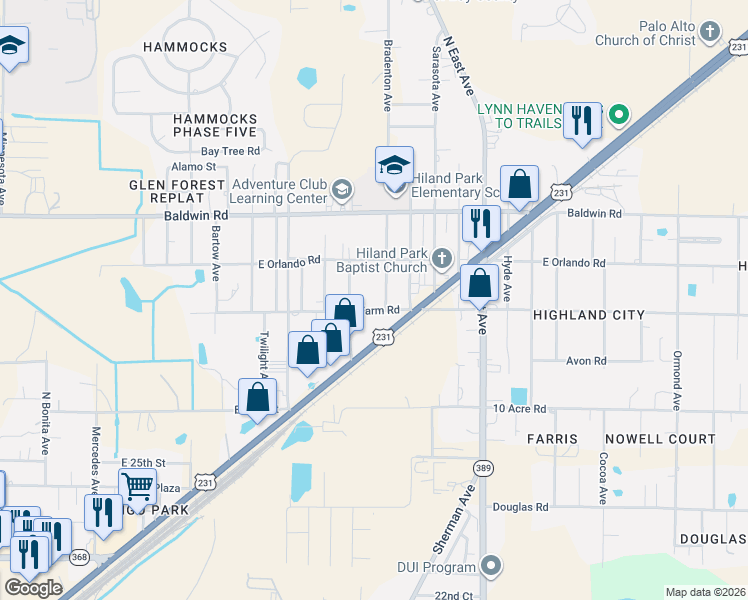 map of restaurants, bars, coffee shops, grocery stores, and more near 2816 Bradenton Avenue in Panama City