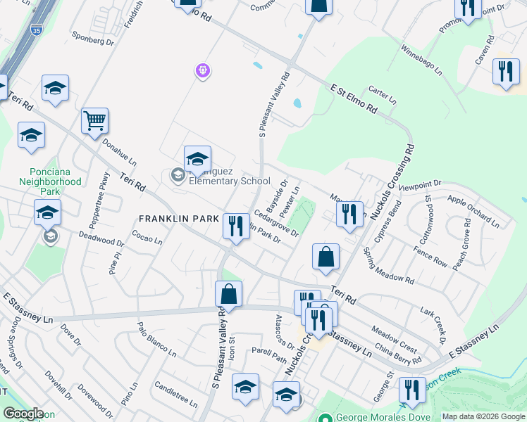 map of restaurants, bars, coffee shops, grocery stores, and more near 4607 Bayside Drive in Austin