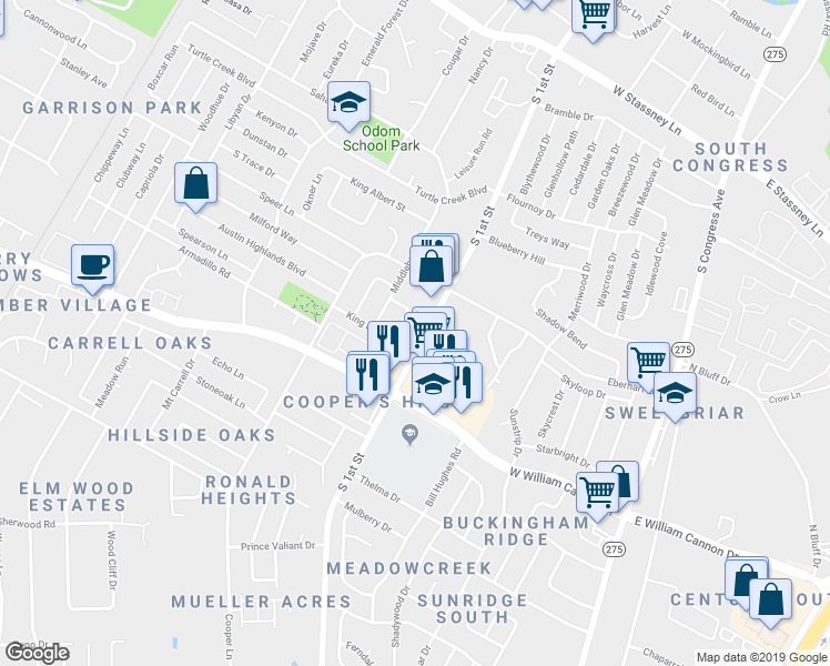 map of restaurants, bars, coffee shops, grocery stores, and more near 6422 South 1st Street in Austin