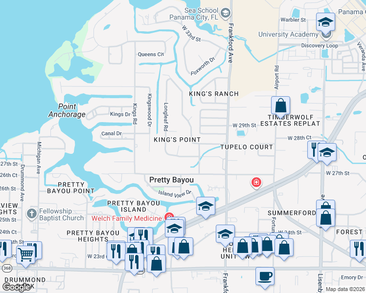 map of restaurants, bars, coffee shops, grocery stores, and more near 2884 Tupelo Drive in Panama City