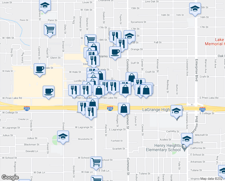 map of restaurants, bars, coffee shops, grocery stores, and more near 3205 Deaton Street in Lake Charles