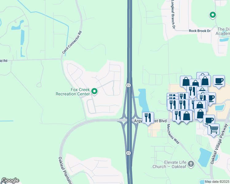 map of restaurants, bars, coffee shops, grocery stores, and more near 8146 Dancing Fox Street in Jacksonville