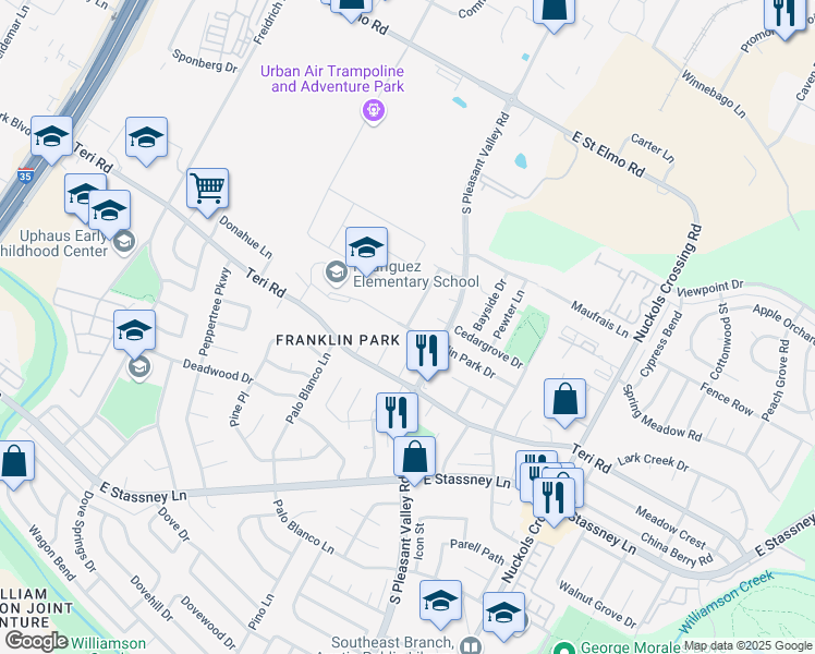 map of restaurants, bars, coffee shops, grocery stores, and more near 4400 Franklin Park Drive in Austin