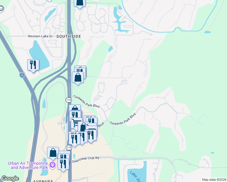 map of restaurants, bars, coffee shops, grocery stores, and more near 7635 Timberlin Park Boulevard in Jacksonville