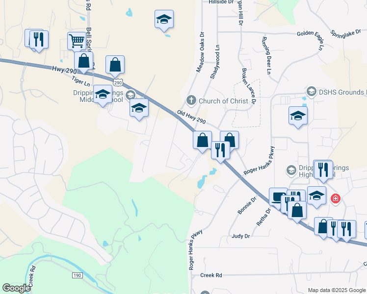 map of restaurants, bars, coffee shops, grocery stores, and more near 111 Rose Drive in Dripping Springs